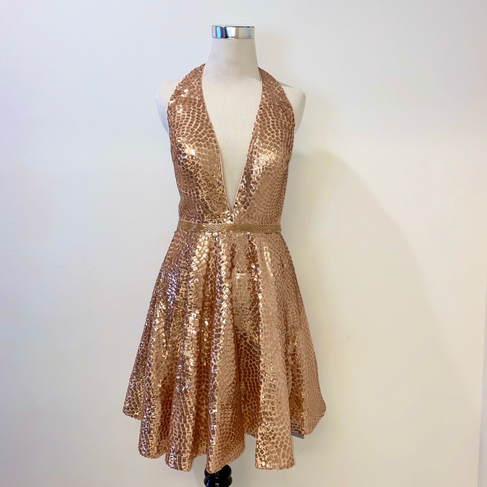 Jovani Rose Gold Sequin Halter Dress 4